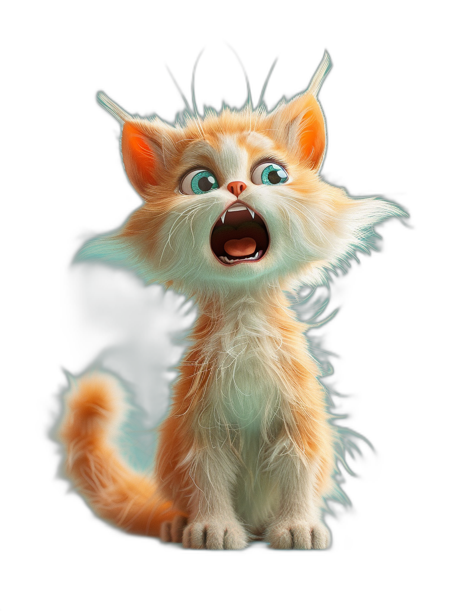 3D render of a cute kitten howling in the style of Pixar, with a happy expression on its face, against a black background, with a cute character design, as a character concept art.