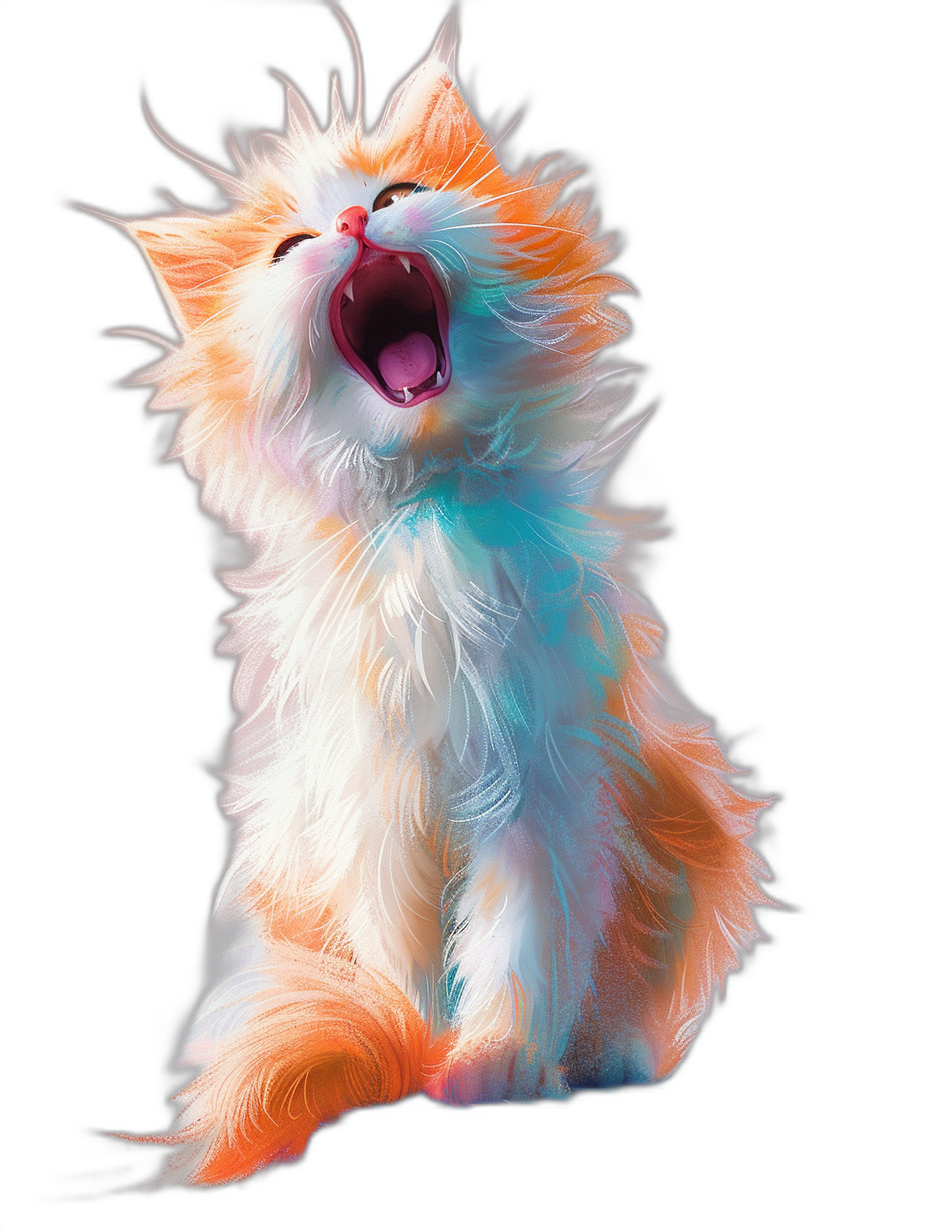 A happy cute long haired white and orange cat is howling with its mouth open in colorful digital art showing its full body against a black background at high resolution.