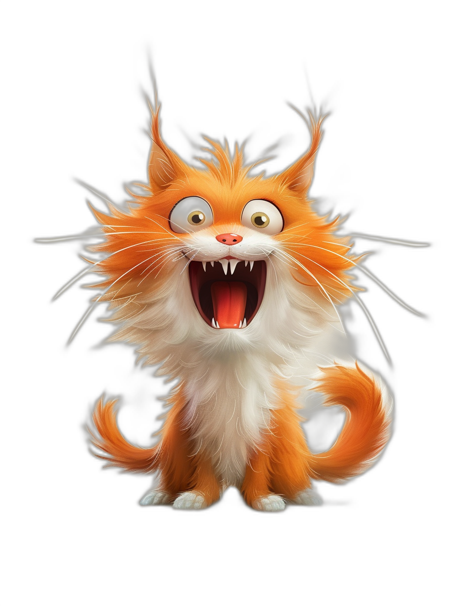 Cute orange and white cat, in the style of Pixar, laughing with sharp teeth, fluffy fur, big eyes, long tail, black background, cartoon character design, colorful, high definition