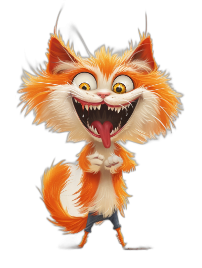 A cute orange and white cat, with long hair on its head and a fluffy tail, laughing happily at the camera, sticking out his tongue and showing sharp teeth in the style of Disney, on a black background, with a cartoon character design. The illustration was created using digital painting techniques, with bright colors, exaggerated expressions, and exaggerated movements. It features high resolution and high definition.