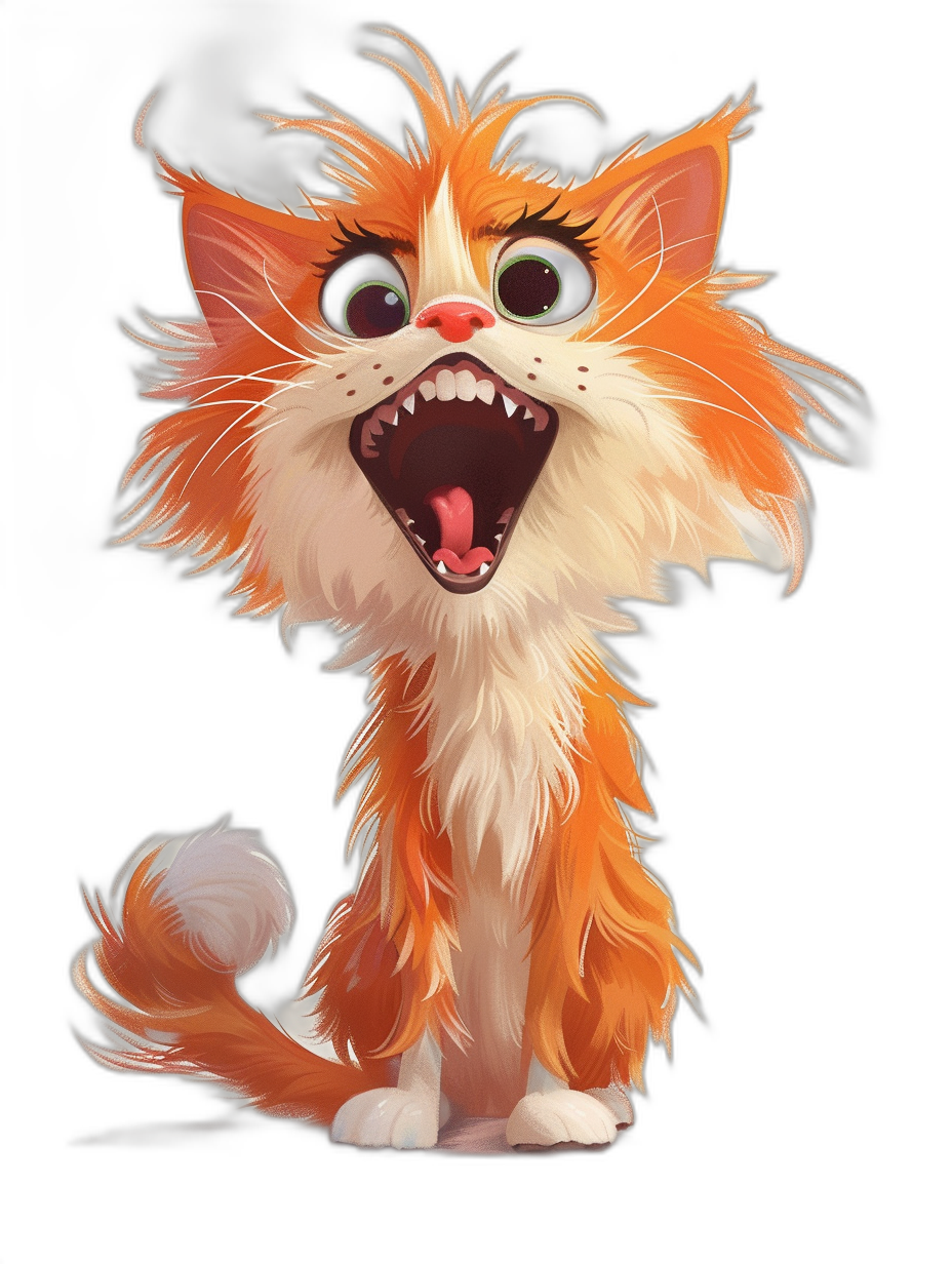 A cute happy orange and white fluffy cat with big eyes, mouth open showing teeth, concept art cartoon digital painting in the style of League of Legends, black background