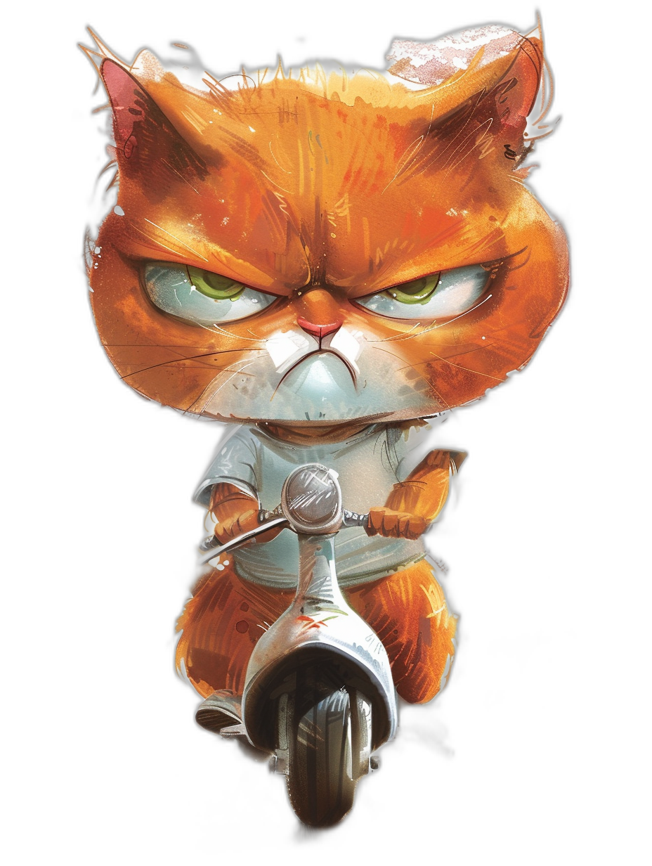 grumpy orange cat cartoon character with t-shirt and shorts riding motorbike, in the style of Mark Simonetti, black background, funny cute animal illustration, funny chibi animals digital art