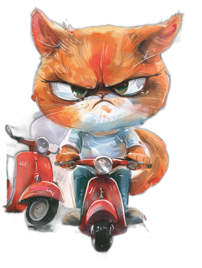 A cute grumpy orange cat wearing a t-shirt with an angry face, riding a red vespa motorcycle on a black background in the style of watercolor for children's book illustration.