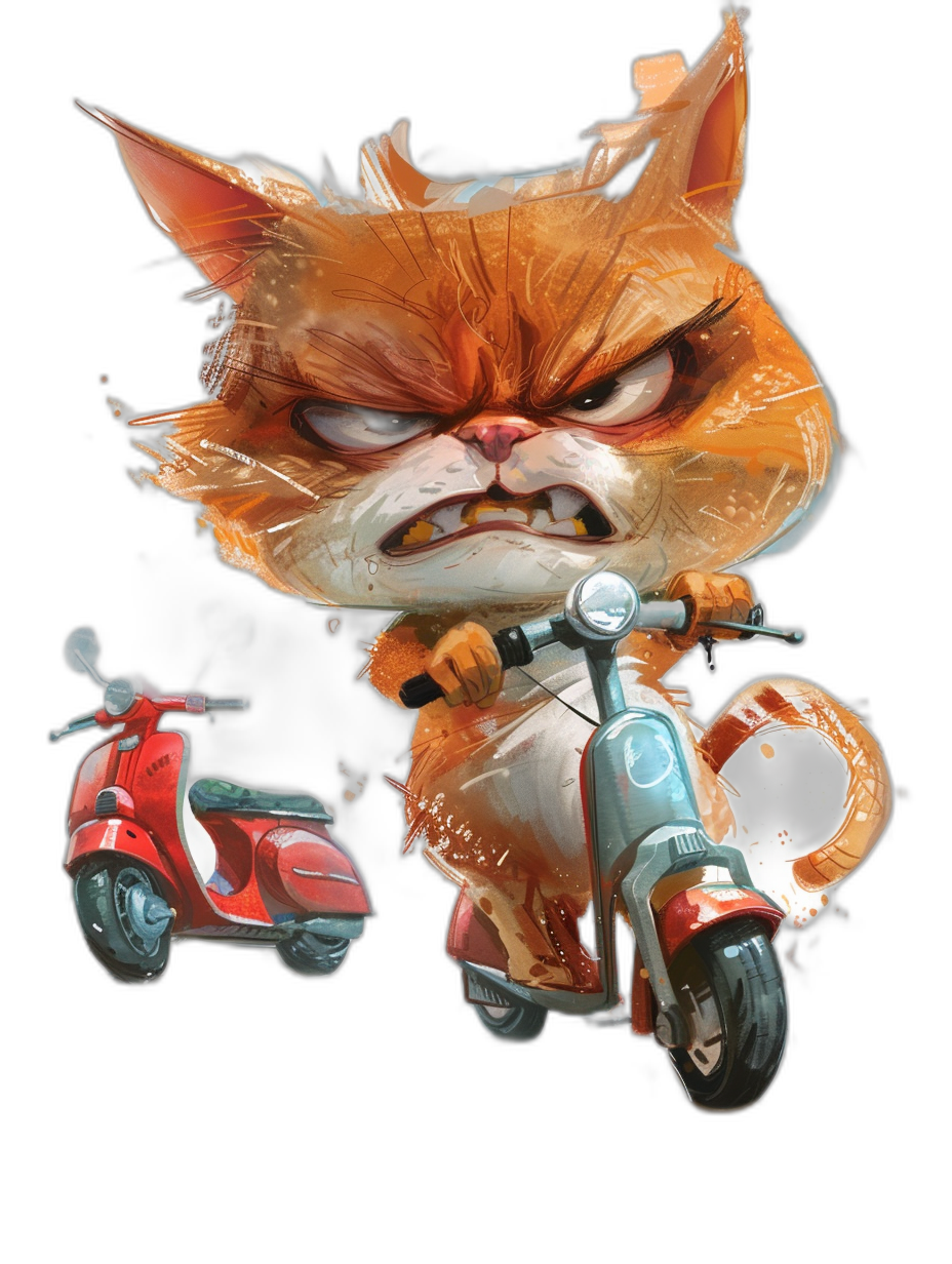 grumpy orange cat with angry face riding on red vespa, in the style of [Tiago Hoisel](https://goo.gl/search?artist%20Tiago%20Hoisel), caricature-like, playful style, black background