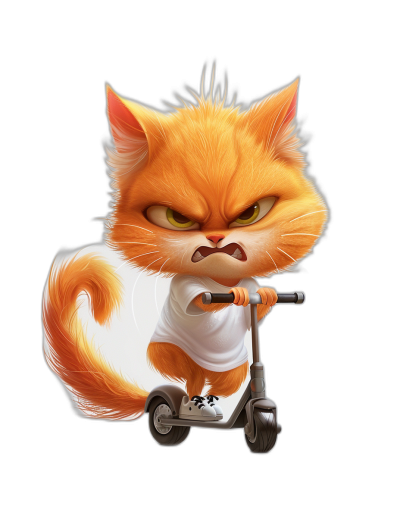 angry cute orange cat in white t-shirt riding scooter on a black background, digital art in the style of Disney Pixar, style of Pixar animation, adorable character design, high resolution