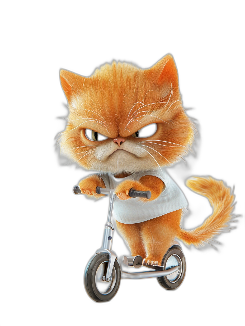 grumpy orange cat wearing a white t-shirt riding a scooter against a black background, 3D rendered in the style of Pixar