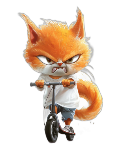 Grumpy orange cat cartoon character wearing a white t-shirt and blue shorts, riding an electric scooter, on a black background, vector art illustration, 2D game design, cute style, full body shot, detailed face, cute eyes, detailed facial features, high resolution, digital painting, concept art, artstation, in the style of [Artgerm](https://goo.gl/search?artist%20Artgerm) and [Greg Rutkowski](https://goo.gl/search?artist%20Greg%20Rutkowski) and [Alphonse Mucha](https://goo.gl/search?artist%20Alphonse%20Mucha)