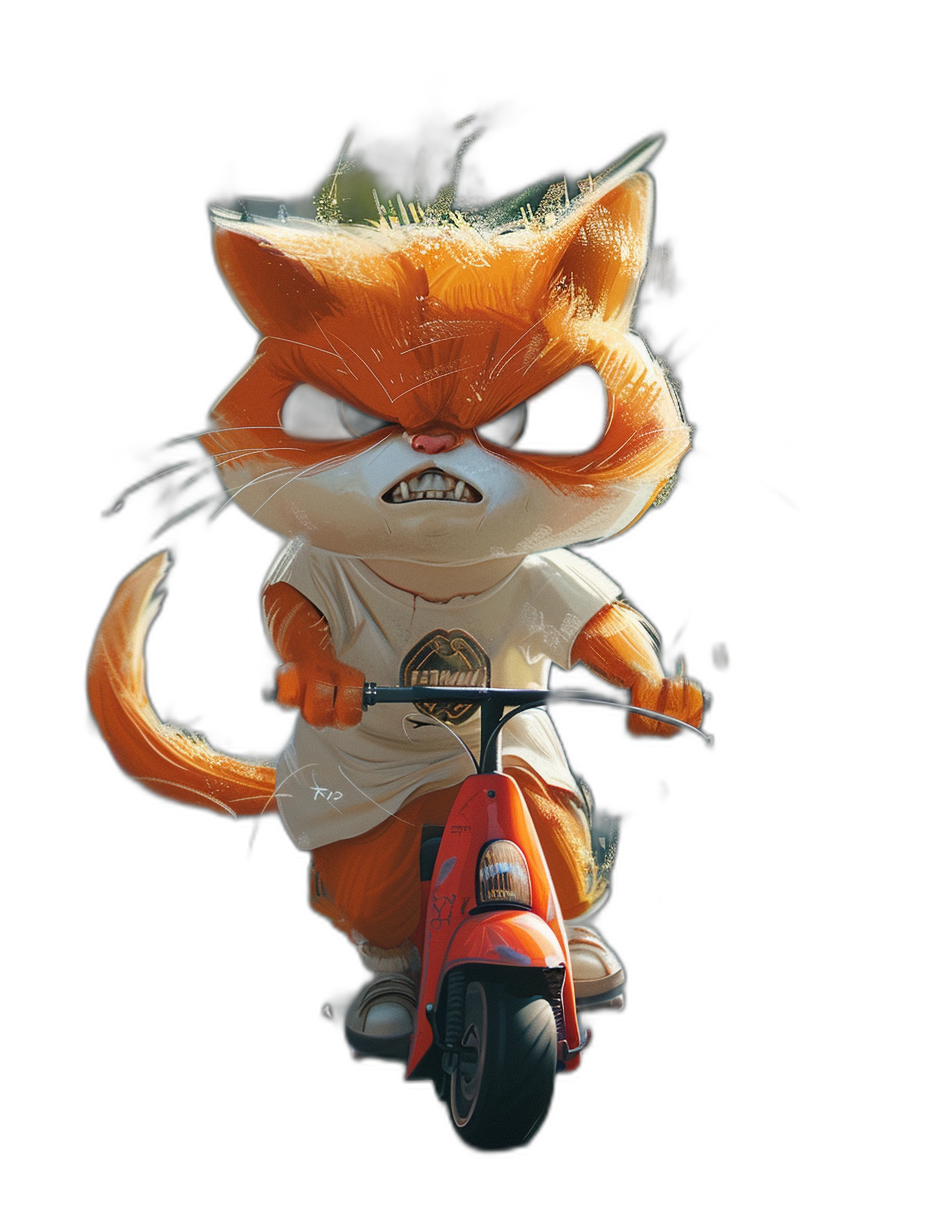 A cute orange cat, wearing a white T-shirt and shorts with an angry expression riding on the scooter of its tail, in an anthropomorphic style, on a black background, with a red body color, shown from the front view, with high definition details.