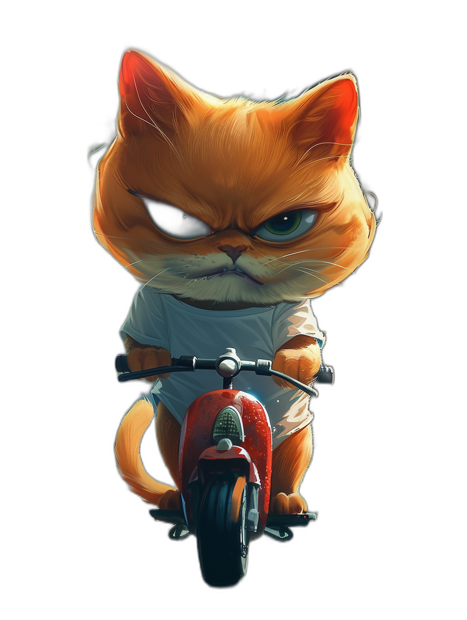 Illustration of grumpy cat character on a motorbike, wearing a white t-shirt against an isolated black background. The style is funny and cute with cartoonish designs. The illustration features vibrant colors, dynamic lighting and high resolution with smooth and detailed renderings in the style of digital art techniques.