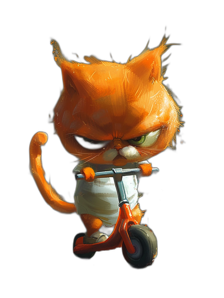 A cute orange cat, an angry face riding on a scooter, a white t-shirt with shorts, a black background, in the style of Pixar, high resolution digital art