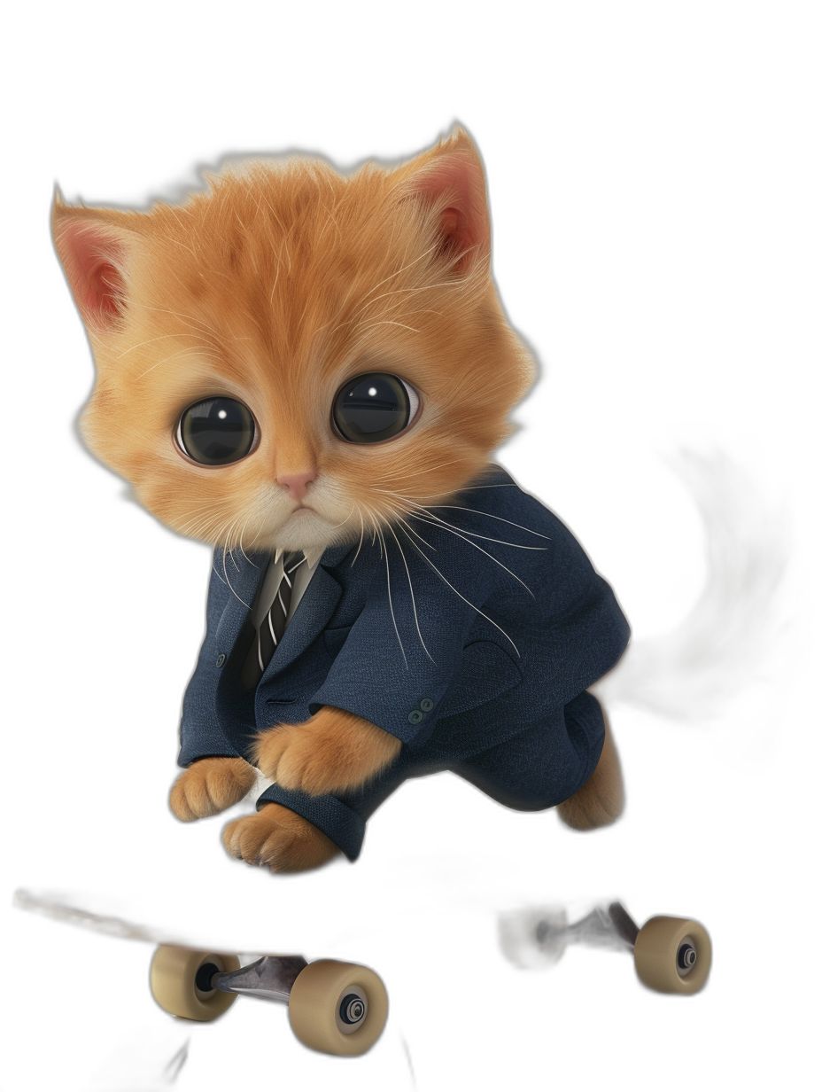 A cute ginger kitten wearing a blue suit, riding on a skateboard with big eyes against a black background, in the style of a 3D render with a hyper realistic style.