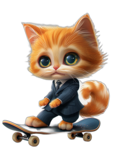 digital art of a cute kitten in a suit, riding on a skateboard, with a black background and pastel colors, with big eyes and a lovely expression, in the style of pastel color.