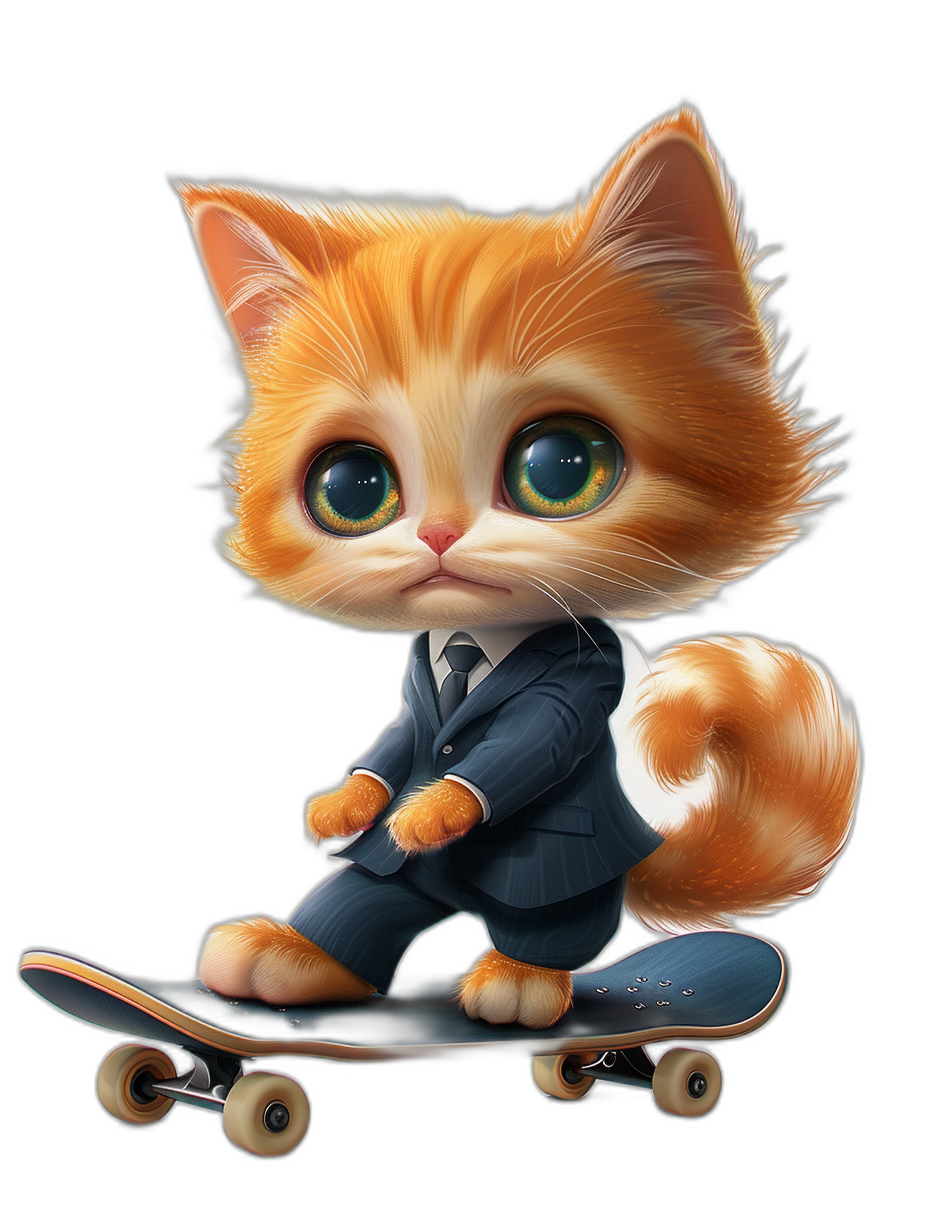 digital art of a cute kitten in a suit, riding on a skateboard, with a black background and pastel colors, with big eyes and a lovely expression, in the style of pastel color.