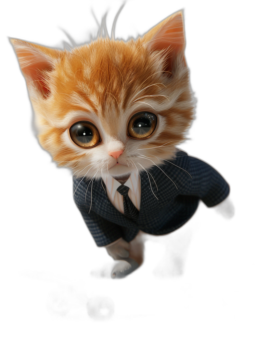 3D render of a cute ginger kitten in a suit, with big eyes, on a black background, cute. The kitten is rendered in the style of a cartoon character.