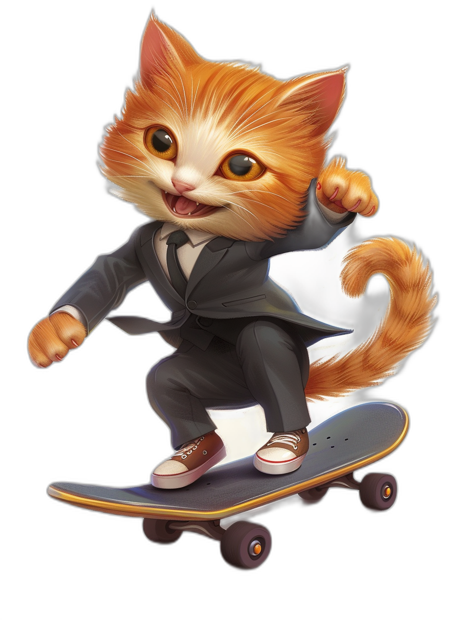 Cute cat in a suit riding on a skateboard, smiling with a happy expression, in the style of cartoon with a black background, 2D game art style, full body shot, high resolution, with no text or letters