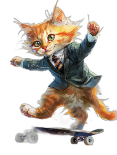 digital art of a cute and happy orange cat, wearing a blue school blazer with a tie, skating on a skateboard in the style of [Ryohei Hase](https://goo.gl/search?artist%20Ryohei%20Hase), on a black background, as a full body shot, in PNG format