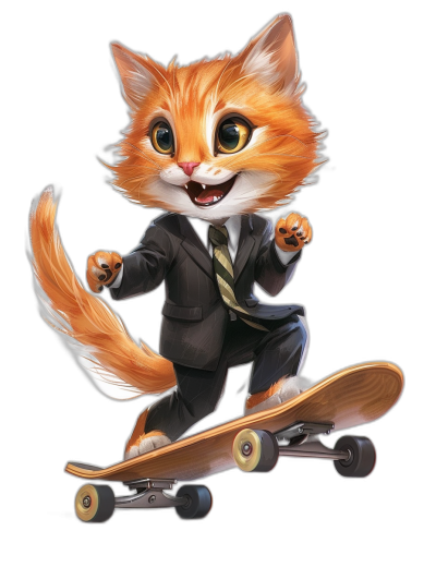 Illustration of a cute smiling ginger cat in a suit riding on a skateboard, against a black background, in the style of a t-shirt design, with high resolution.