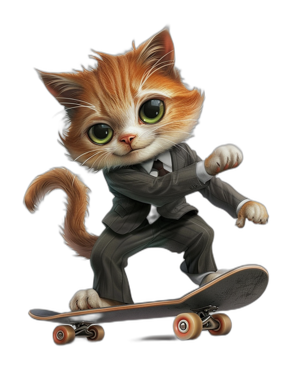 A cute ginger cat with green eyes wearing a business suit and riding a skateboard in the style of [Tiago Hoisel](https://goo.gl/search?artist%20Tiago%20Hoisel), caricature-like, playful caricatures focusing on character details in a black background.