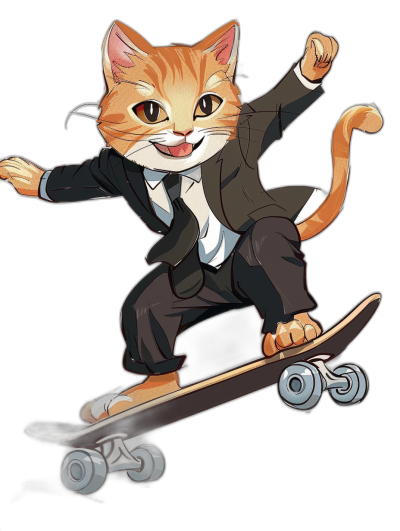 A happy cat in a suit riding on a skateboard, in the vector art style with a black background.