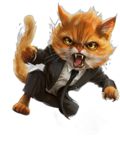 An angry ginger cat in a suit jumping towards the viewer, full body view, black background, fantasy art style, detailed character illustrations, subtle realism, cartoon game characters, cute and dreamy in the style of fantasy art.