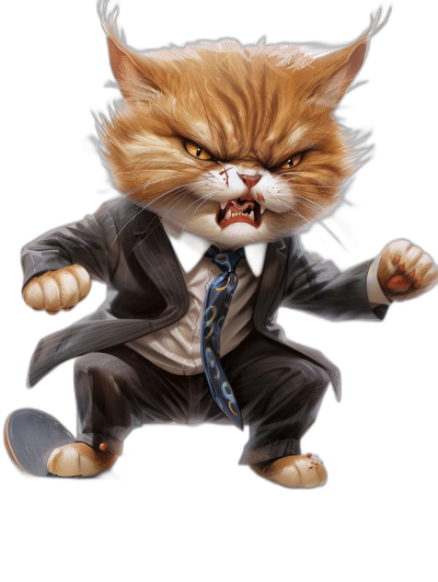 angry, cute ginger cat dressed in a suit and tie doing kung-fu in the style of [Tiago Hoisel](https://goo.gl/search?artist%20Tiago%20Hoisel), caricature-like, playful caricatures, black background, full body