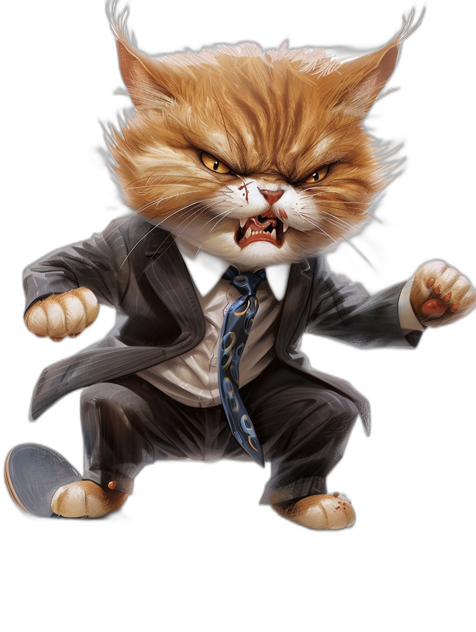 angry, cute ginger cat dressed in a suit and tie doing kung-fu in the style of [Tiago Hoisel](https://goo.gl/search?artist%20Tiago%20Hoisel), caricature-like, playful caricatures, black background, full body