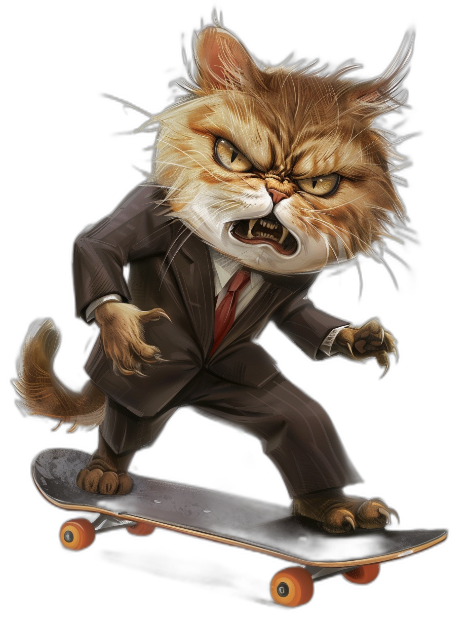 realistic digital illustration of an angry cat in suit and tie, riding on skateboard, plain black background, full body portrait