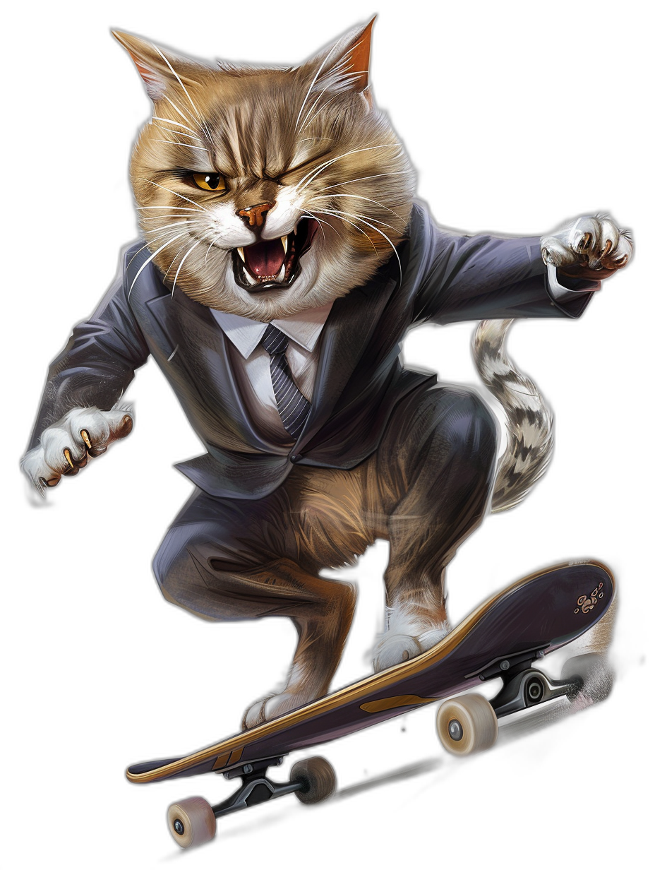 hyper realistic digital illustration of an angry cat wearing business suit and tie, riding on skateboard , black background, full body portrait