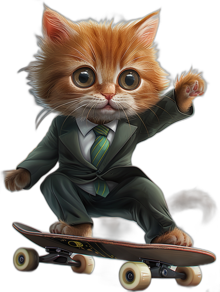 A cute ginger cat in a suit and tie riding on a skateboard, against a black background, digital art in the style of [Amanda Sage](https://goo.gl/search?artist%20Amanda%20Sage) and illustration, solid colors, character caricatures, soft shadows, sharp focus, detailed environment, photorealistic details.