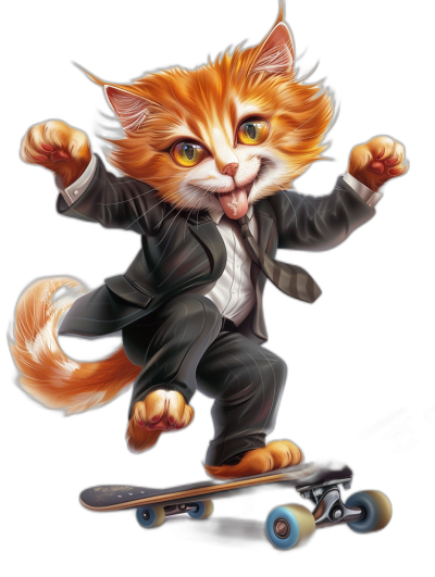 digital art of a cool and cute orange cat, wearing a white shirt with a black suit jacket, riding on a skateboard in the style of black background, full body shoot