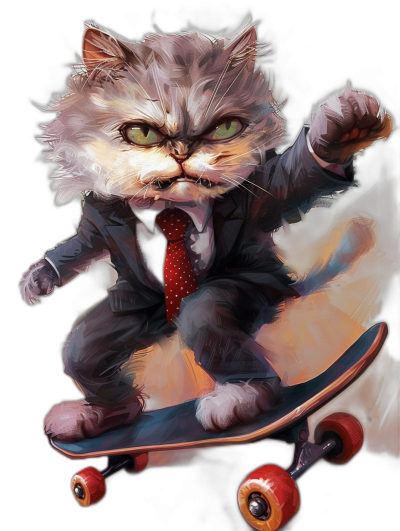 digital art of angry cat in suit and red tie, riding on skateboard , black background, epic detail, digital painting, smooth, sharp focus, high resolution