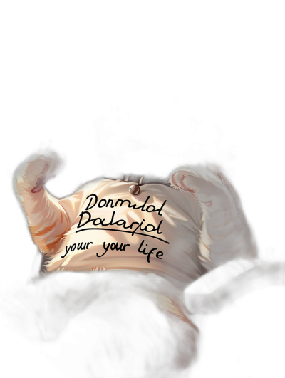 A cat sleeping on its back with the words "dormitas your life" written in ink over its fur, in the style of digital art, on a dark background.