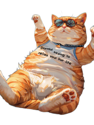 a fat orange cat wearing sunglasses and white tshirt with the words "Dormitory is saying to relax your life", doing yoga, lying on its back with one leg in air, black background, vector art style, detailed, high resolution, high detail, colorful, bright colors, hyper realistic, hyper detailed, high definition, high quality