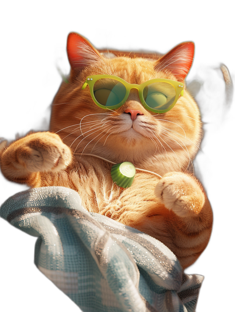 digital art of a cute fat orange cat, wearing sunglasses and holding a white towel, with a chill expression, on a black background, with sun light on its face and a green leaf shadow on its head. Pastel soft lighting.