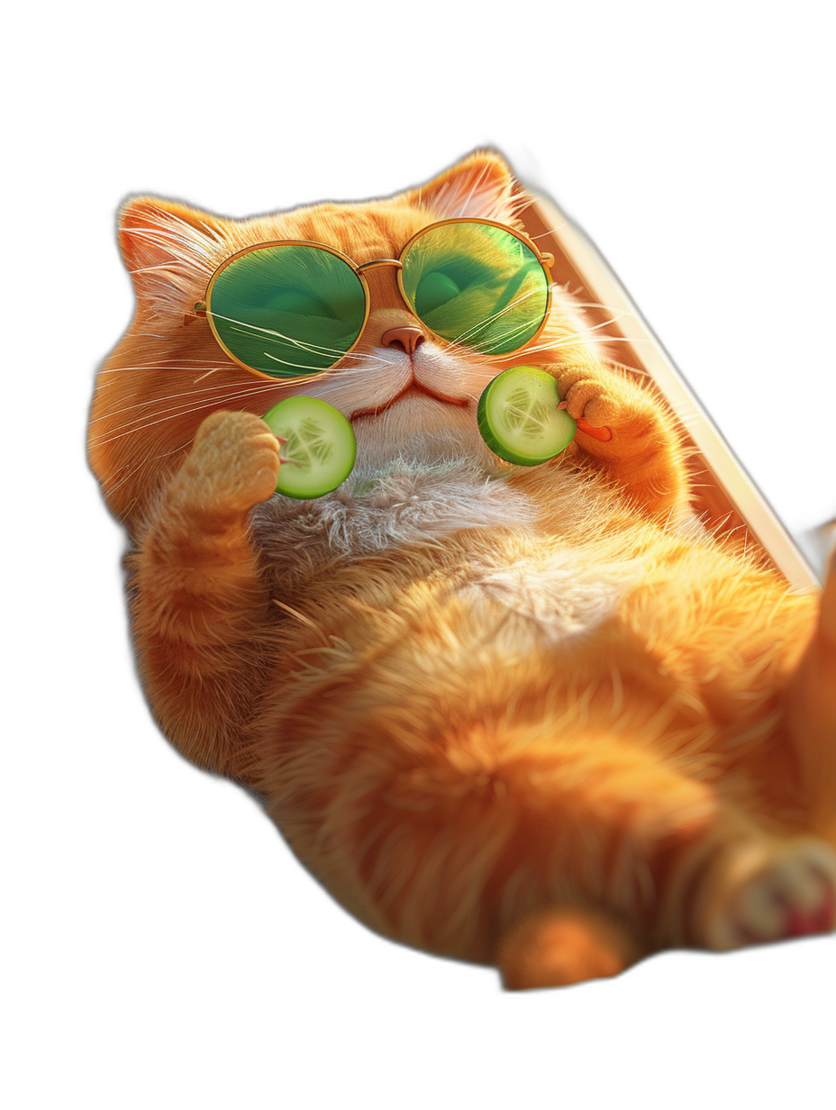 A ginger cat with sunglasses on is lying down holding cucumber slices to its eyes, 3D render, on a black background, high resolution photo and wallpaper in the style of for iphone.