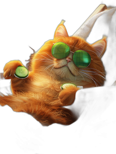 digital art of cute and fat orange cat wearing green sunglasses , wear black shirt, one cucumber on its belly, chill happy expression with smile in Pixar style lying down in the dark background, full body portrait view