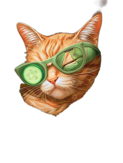 A realistic illustration of an orange cat wearing green sunglasses with cucumber in them, black background, t-shirt design style, high resolution