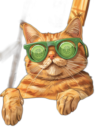 A realistic happy ginger cat with green glasses, sitting on the table in front of a black background, digital art in the style of [Skottie Young](https://goo.gl/search?artist%20Skottie%20Young), with immense details against a flat white background