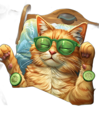 digital art of cute and fat orange cat wearing green sunglasses , the eyes is close, one hand holding cucumber with four fingers, another two paws on side table in spa room black background , chilling happy expression