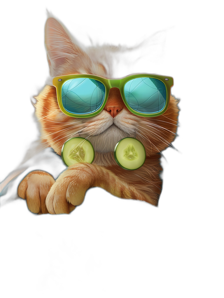 A cute orange cat with green sunglasses holding a cucumber, lying on a black background in the style of anthropomorphic art with a cool expression, rendered in 3D with high definition details and high resolution for a full body portrait photographed in a professional photography style.