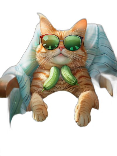 digital art of cute and fat orange cat , wearing sunglasses with green crystal on the lens, holding cucumber in hand while lying down under blanket , black background , chill vibes