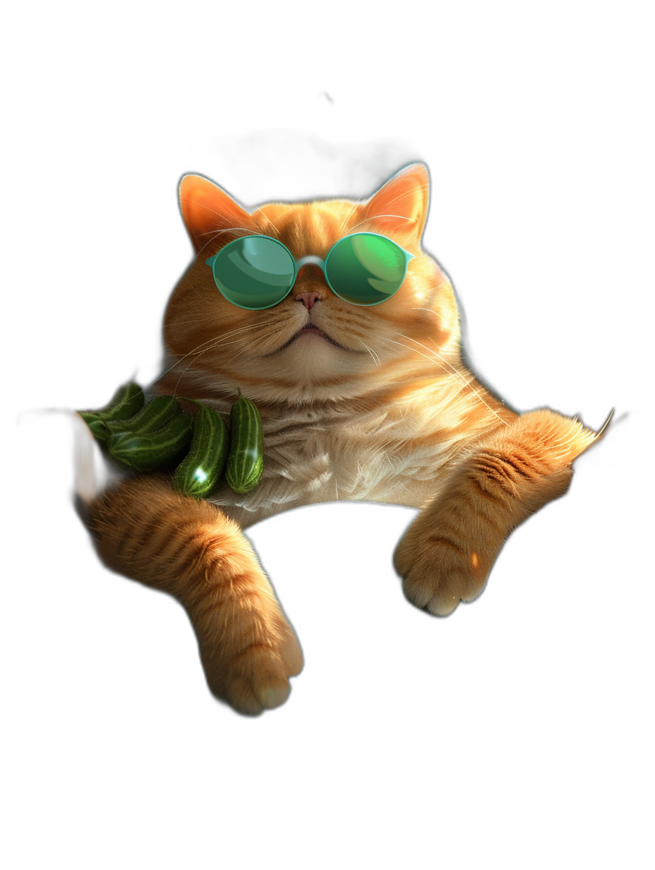 A fat orange cat wearing green sunglasses, lying on its back with one paw hanging out of the black background, holding an olive in its paw, in the style of Pixar, cute and adorable, high definition photography, hyper-realistic, professional lighting, ray tracing reflections.