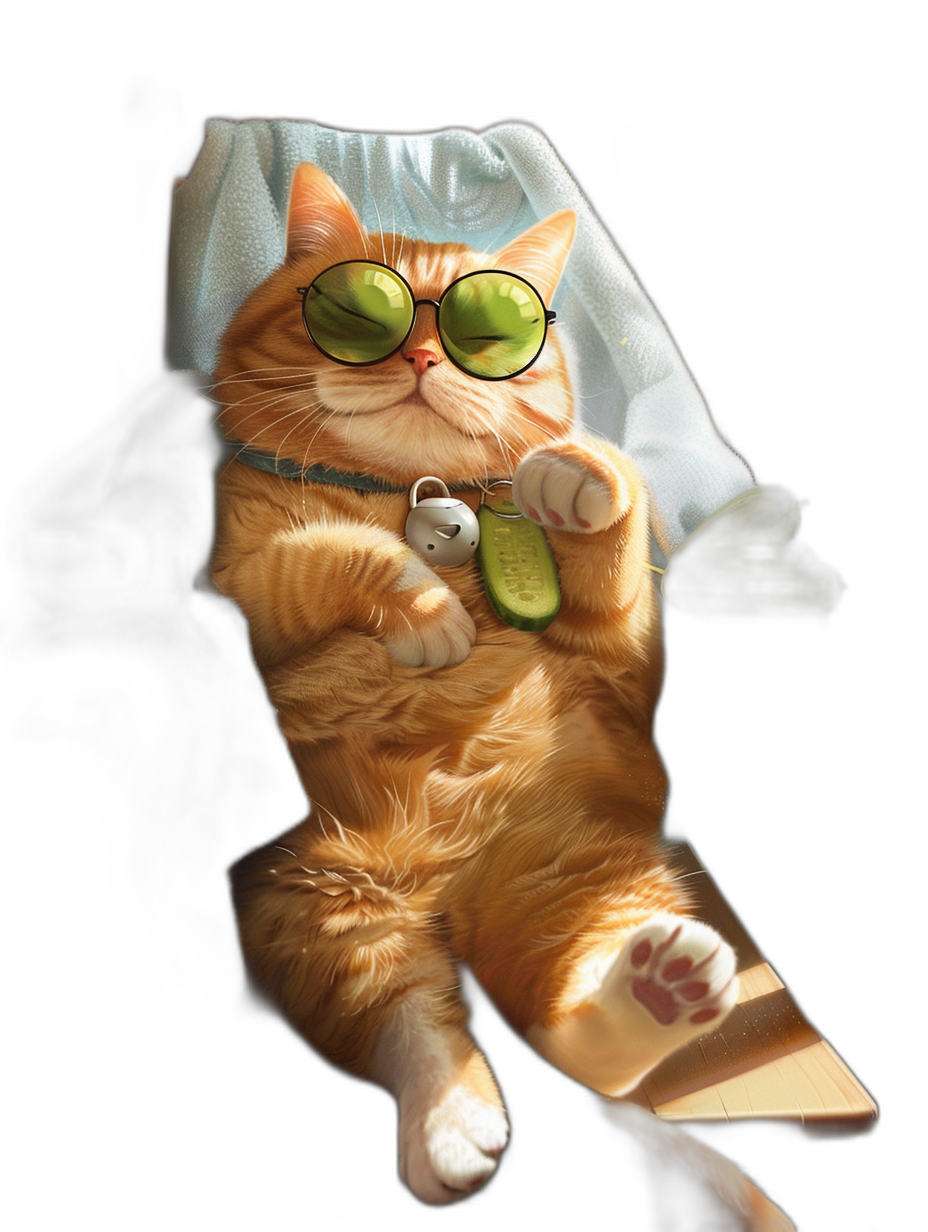 A ginger cat with sunglasses on, lying down in a spa chair holding a cucumber and wearing slippers, smiling, full body, black background, in the style of digital art.