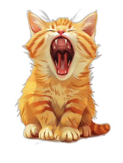 A cute ginger cat with an open mouth yawning and showing its sharp teeth, in the style of vector art on a black background.