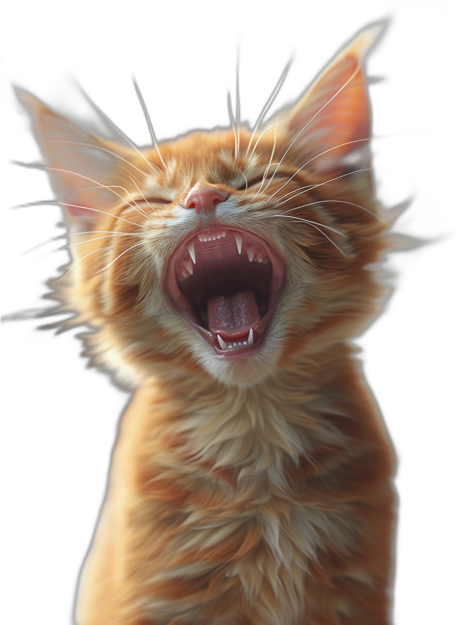 realistic digital illustration of an orange cat meowing, close up shot, black background, high details