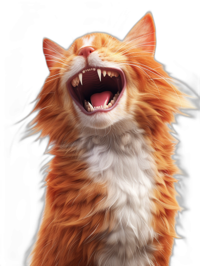 A red and white cat is laughing, its mouth wide open with sharp teeth, its hair standing on end, its eyes squinting in laughter. The background of the scene was black. It's an illustration in the style of Sam Peck character artist for Pixar studio. High resolution, detailed, volumetric lighting, digital art, concept art, trending artstation, hdri, art station.