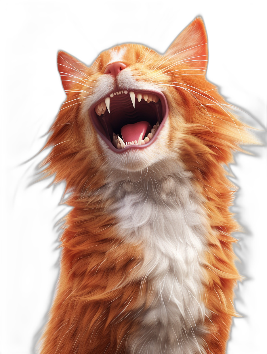 A red and white cat is laughing, its mouth wide open with sharp teeth, its hair standing on end, its eyes squinting in laughter. The background of the scene was black. It’s an illustration in the style of Sam Peck character artist for Pixar studio. High resolution, detailed, volumetric lighting, digital art, concept art, trending artstation, hdri, art station.