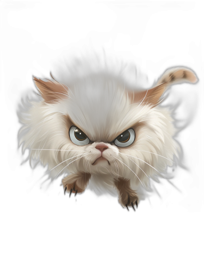 realistic cartoon illustration of an angry white fluffy cat with an angry face flying in the air against a black background, digital art in the style of Disney and Pixar with soft brush strokes