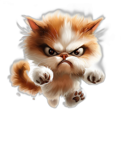 funny cartoon angry cat jumping on black background, in the style of caricature.