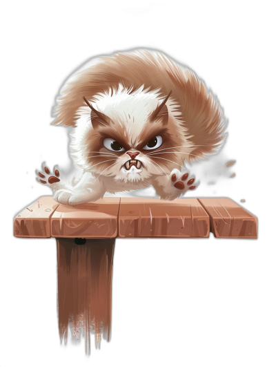 funny cartoon illustration of grumpy cat jumping on table, black background, high resolution vector